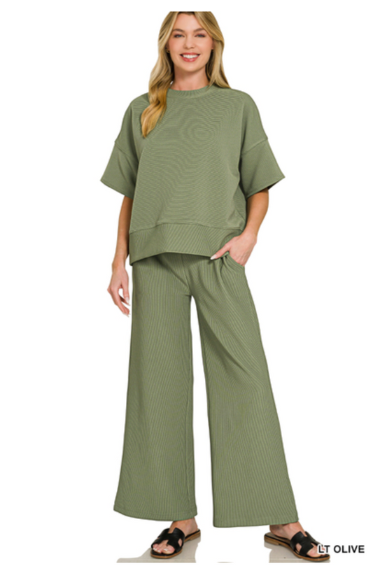 Zenana Ribbed Olive Green Pant Set