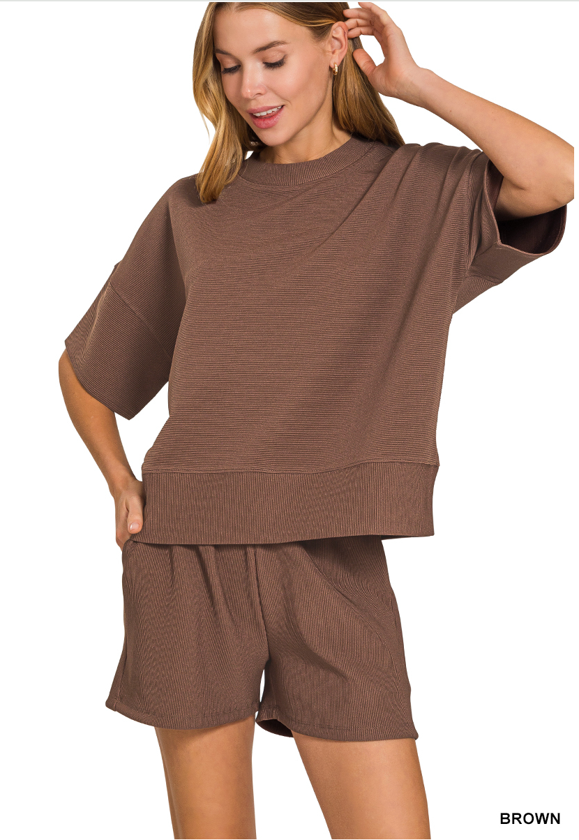 Zenana Ribbed Set Brown
