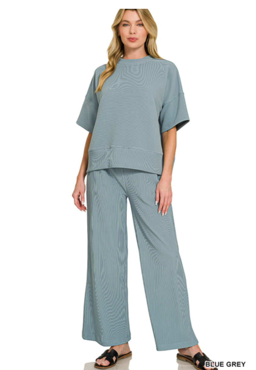 Zenana Blue Gray Ribbed Pants Set