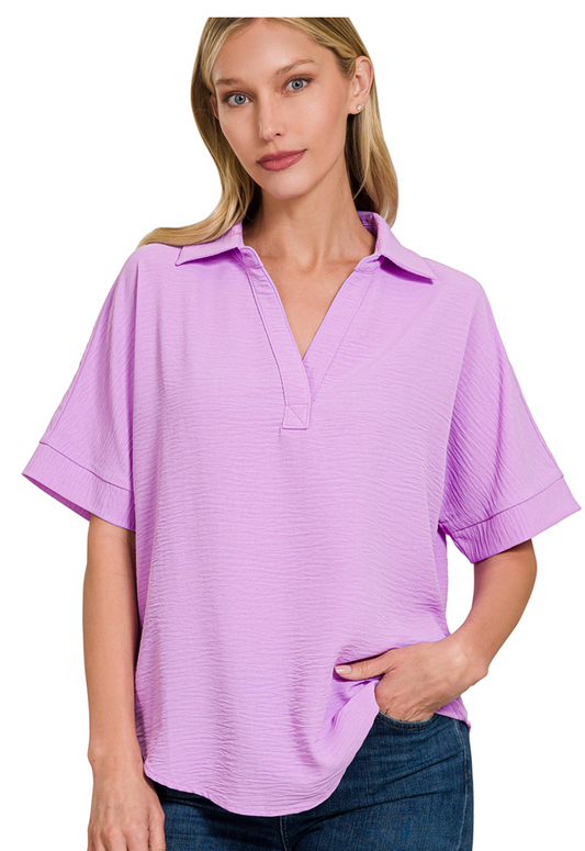 Zenana Lilac Air Flow Collared Shirt