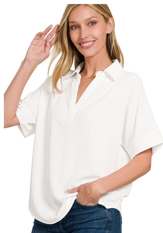 Zenana White Air Flow Collared Shirt